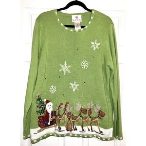Quaker Factory Vintage Embroidered Green Santa Reindeer Christmas Knit Sweater L
